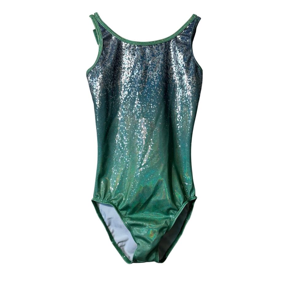 Destira Green Sparkle Hologram Gymnastics Leotard - Strappy Back Adult Medium